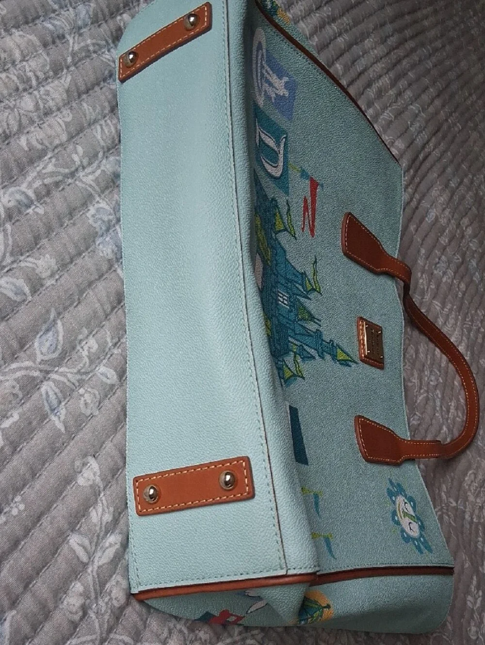 Disney Parks Dooney & Bourke Mint Castle Print Tote with Brown Leather Trim